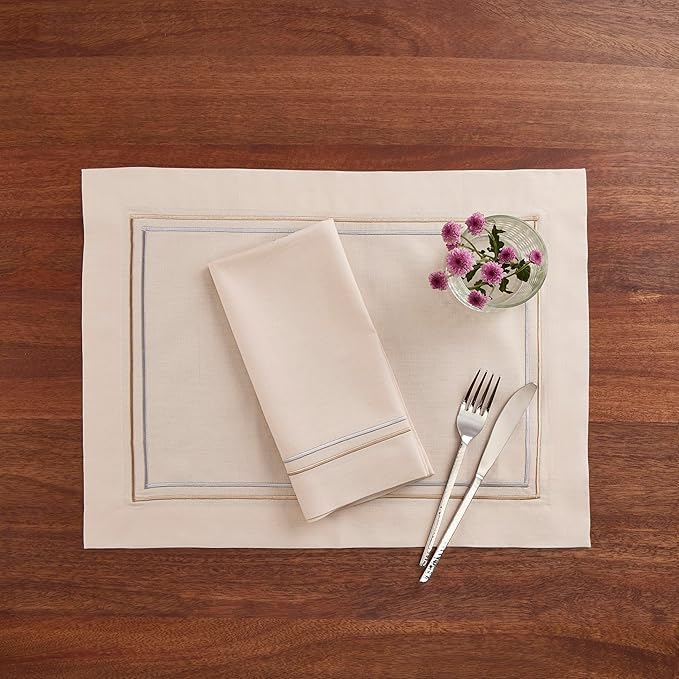 Cotton Linen Placemats Set of 4 – Summer Beige Placemats 14 x 19 Inch – Machine Washable Fabric Table Place Mats with Line Embroidery – Wedding Decoration, Gift