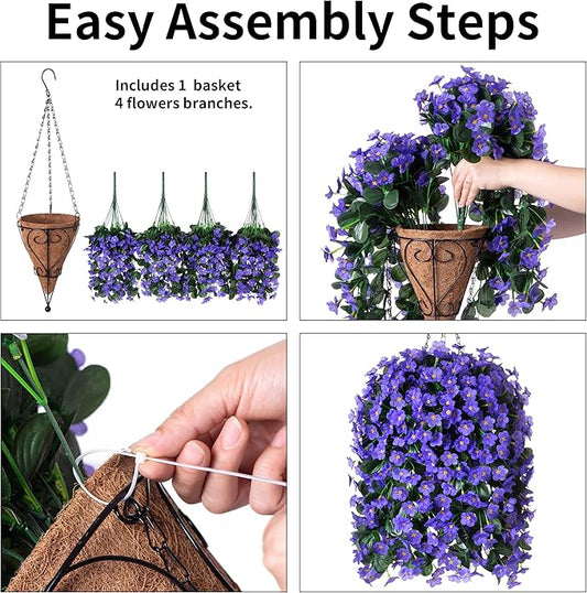 Artificial Fake Outdoor Hanging Flowers Plants Basket for Outside Porch Decoration, Fake Silk UV Resistant Look Real Purple Orchid Traing Vines for Home Balcony Yard Patio Garden Decor