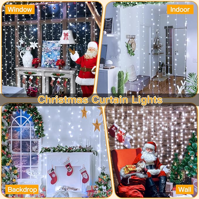 Ollny Curtain Lights 6.6x6.6ft, 200 LED White String Lights with Remote 8 Modes Dimmable Timer, USB Power Fairy Light for Bedroom Backdrop Indoor Wall Window Wedding Decor