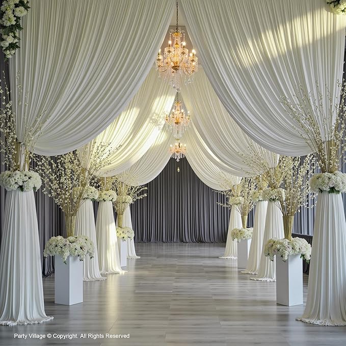 PartyVillage 50ft×15ft Ivory Backdrop Curtain for Wedding Parties, 10 Panels Wrinkle Free 15 FT Long Polyester Photo Backdrop Drapes Back Drop Cloth for Birthday Photography Background