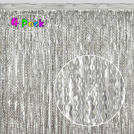 4 Pack 3.3x6.6ft Silver Foil Fringe Backdrop - Wavy Metallic Tinsel Foil Curtains Photo Booth Backdrop for Birthday Wedding Holiday | Silver Streamers Celebration Bachelorette Party Decorations
