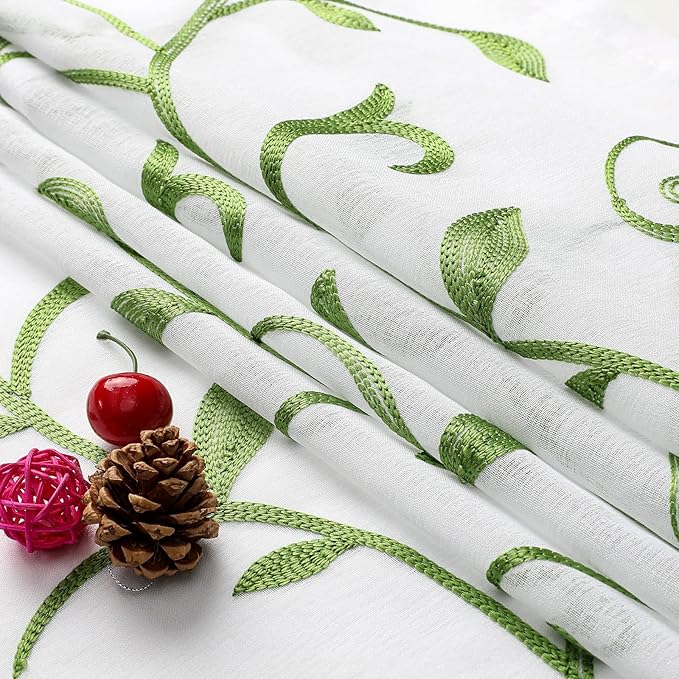 VISIONTEX Embroidered Green Sheer Voile Curtains, Leaves Embroidery Faux Linen Rod Pocket Window Drapes for Living Room and Girls Bedroom 54 x 63 Inch, Set of 2 Curtain Panels