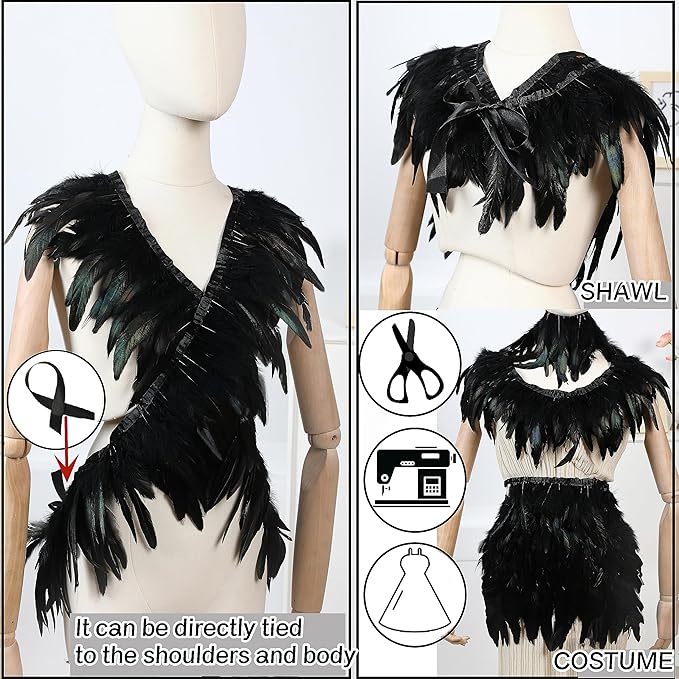 Holmgren Natural Rooster Feather Trim - 2 Yards 5-7inch Rooster Feathers Fringe Trim for Feather Shawl Cape, Gloves, Dress Costume and Home Party Decoration (Natural)
