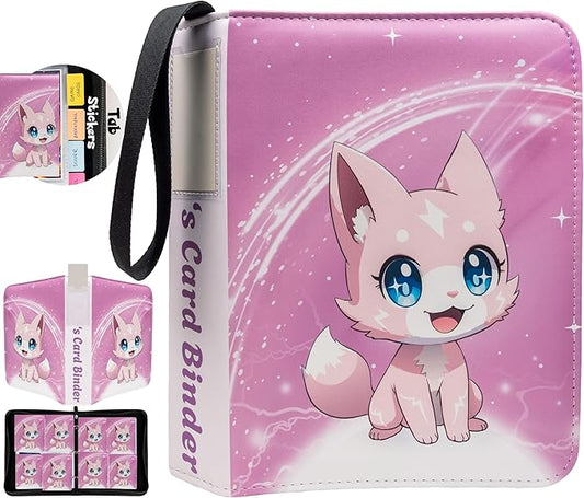 Cute Pink Trading Card Binder 4 Pocket for Girls Gifts - Includes Name Tag & Tab Stickers for Sorting - 440 Pockets Card Binders Zipper Album Book Holder - Baseball Football Sports Tcg Card Case