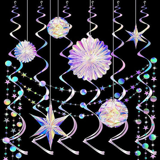 BTSD-home 29 Pcs Iridescent Party Decorations with Hanging Honeycomb Ball Decorative Paper Fan Snowflake Hexagonal Star Garlands Ribbons Birthday Wedding Graduation Bachelorette Disco Party Supplies
