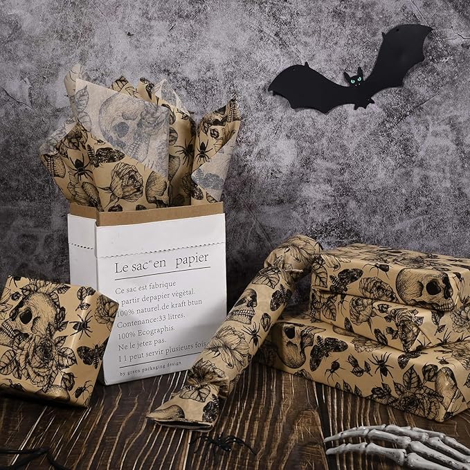 100 Sheets 20 * 14 Inches Vintage Halloween Tissue Paper Kraft Gothic Floral Skull Moth Spider Printed Tissue Paper for Gift Wrapping Spooky Decorative Tissue for Halloween Party DIY Craft Supplies