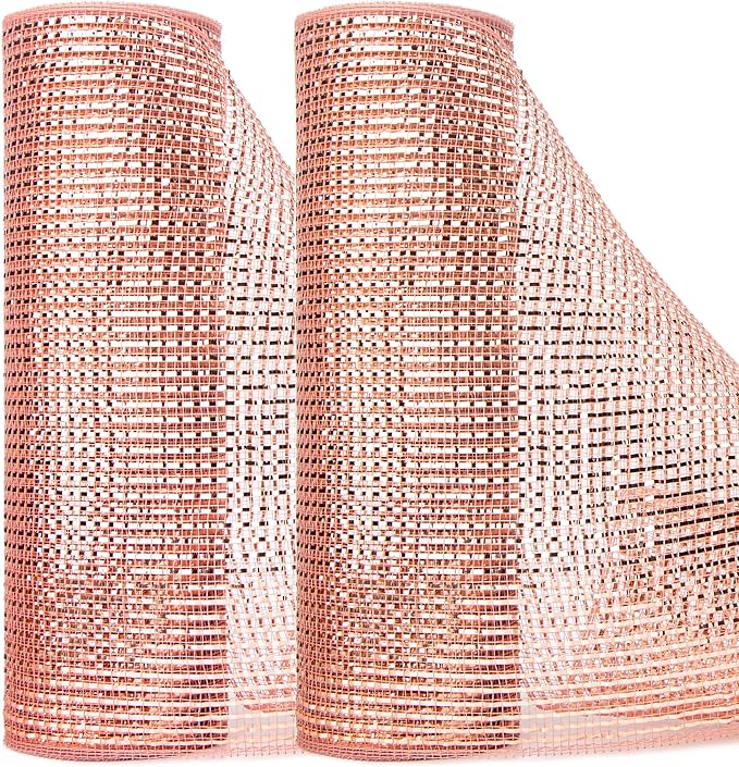 Ribbli 2 Rolls Rose Gold Mesh Ribbon,10 inch x 30 feet(10Yard) Each Roll,Metallic Rose Gold with Wide Foil,Valentine's Day Ribbon for Wreath Swags and Decorating