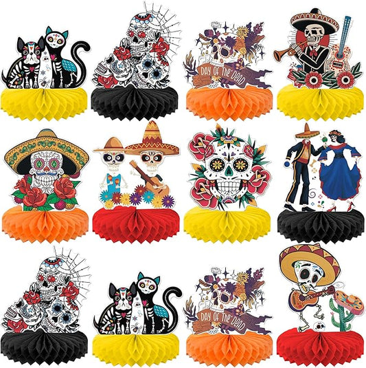 KatchOn, Day of The Dead Centerpieces - Pack of 12 | Halloween Centerpieces, Day of The Dead Decorations | Halloween Honeycomb, Day of The Dead Halloween Decorations | Dia De Los Muertos Decorations