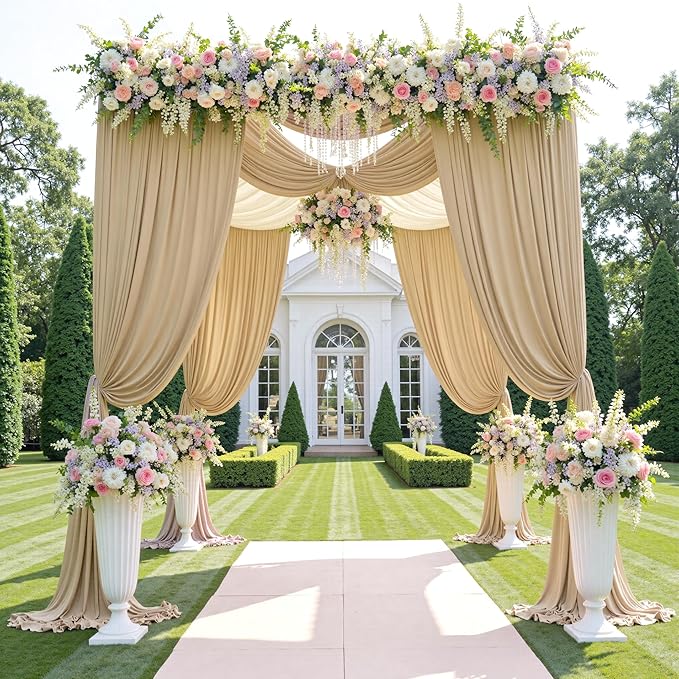 60ftx12ft Wrinkle Free Beige Backdrop Curtain, 12 Panels 12FT Height Beige Wedding Backdrop Drapes, Silky Polyester Back Drop Cloth for Birthday Photography Background Party Backdrop Draping