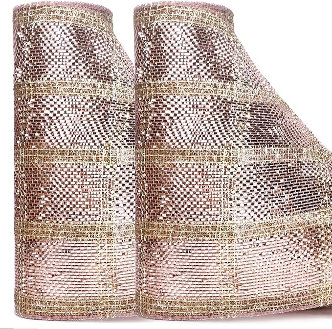 Ribbli 2 Rolls Rose Gold Metallic Mesh Ribbon Rose Gold Deluxe Foil and Glitter Strip Christmas Ribbon for Christmas Tree Wreath Swags Wedding Garland 10 inch x 30 feet(10Yard) Per Roll