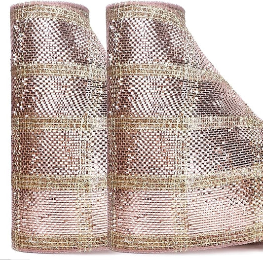 Ribbli 2 Rolls Rose Gold Metallic Mesh Ribbon Rose Gold Deluxe Foil and Glitter Strip Christmas Ribbon for Christmas Tree Wreath Swags Wedding Garland 10 inch x 30 feet(10Yard) Per Roll