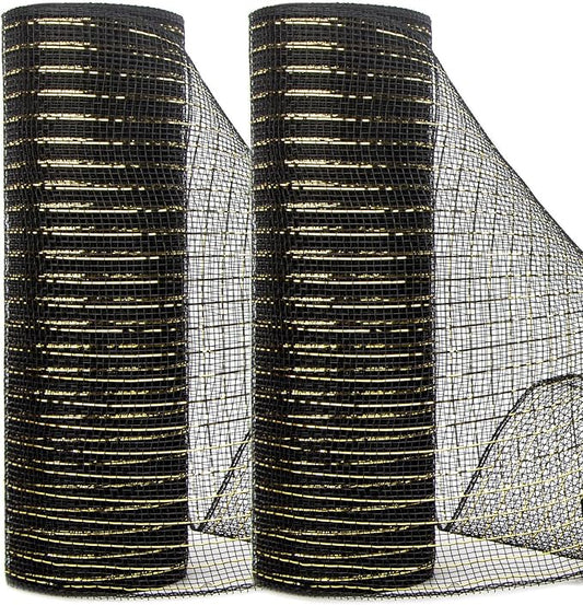 Ribbli 2 Rolls Black Mesh Ribbon,10 inch x 30 feet(10Yard) Each Roll,Metallic Black with Gold Wide Foil,Use for Wreaths Swags and Christmas Tree Decoration