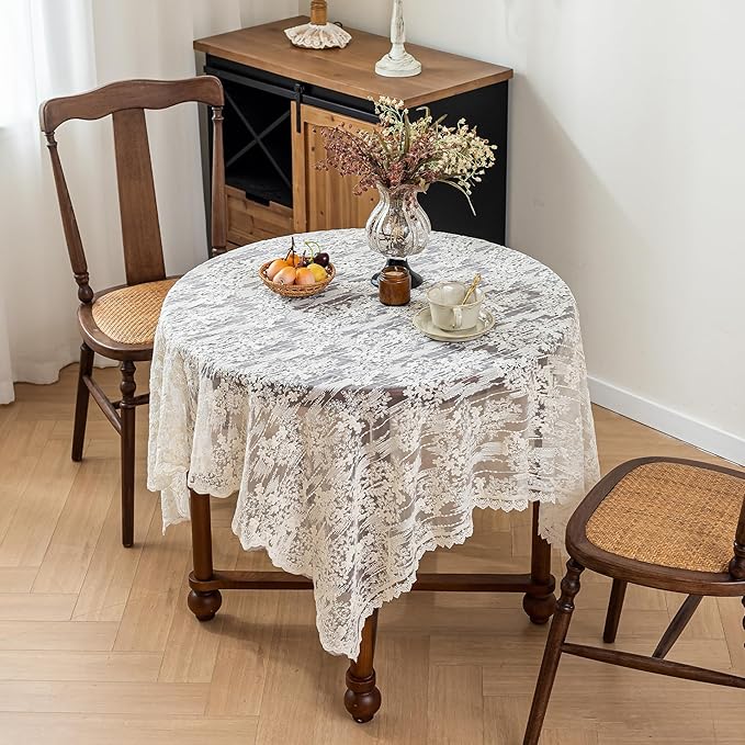 Lace Embroidered Tablecloth. Rectangle Lace Vintage Tablecloth Dustproof Table Protector for Kitchen Dining Room Party Banquet Home Picnic Wedding Decoration (Creamy White 78.5×53 inch)