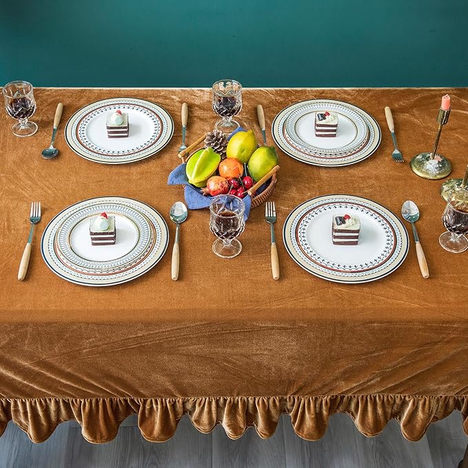Velvet Tablecloth Luxurious Solid Rectangle Table Cloth,Oblong Retro Farmhouse Ruffle Tablecloths Washable Table Cover for Party Wedding Baby Shower Kitchen Dinning Tabletop Decoration