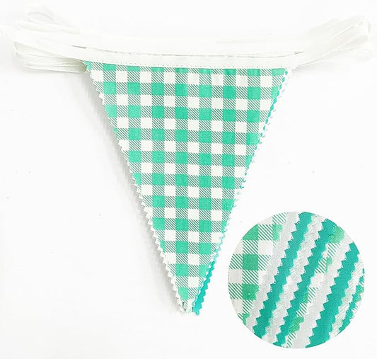 32Ft Aqua Green Plaid Checkered Party Banners Gingham Triangle Pennant Flag Bunting Fabric Garland Streamers for Wedding Birthday Picnic BBQ Bridal Baby Shower Outdoor Garden Festivals Decoration