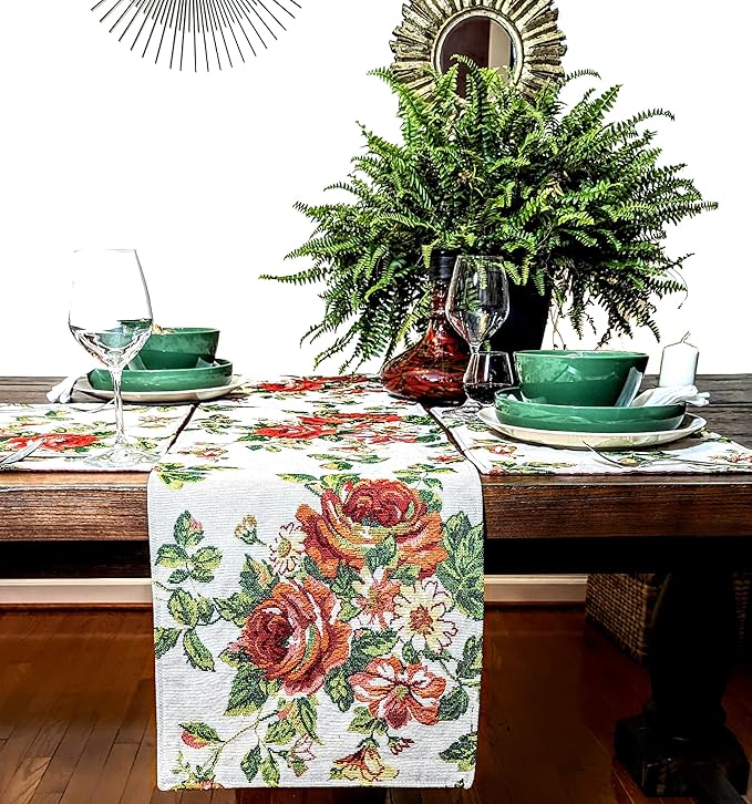 Tache Sweet Roses Spring Summer Flower Traditional French Country Vintage White Red Floral Decorative Woven Tapestry Long Kitchen Dining Table Runners, 13 x 90
