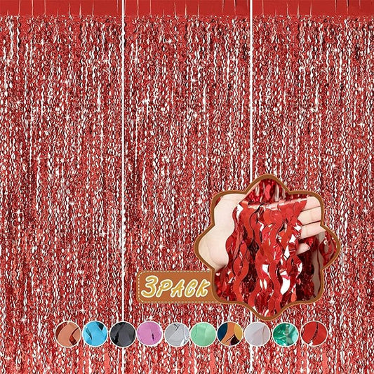 3 Pack Red Aluminium Foil Curtains, 3.3ft x 6.6ft, Wavy Shape, for Party Decorations & Photo Background