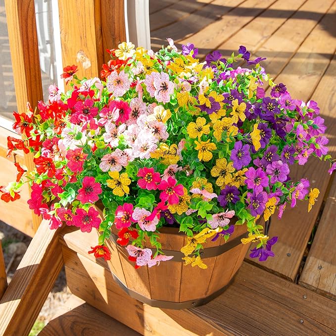 HyeFlora Artificial Flowers for Outdoor Indoor Garden Home Decoration, Faux Flower Daisy with Eucalyptus Leaves Fake Plants Greenery Boxwood Porch Patio, 12 Bundles (6 Multicolor)