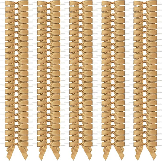 Juvale Satin Twist Tie Bows - Gold Twist Tie Bow Accents - Mini Ribbons for Crafts & Treat Bag Decor - 100 Pack, 3 x 2.5 in, 5.7 in Bands