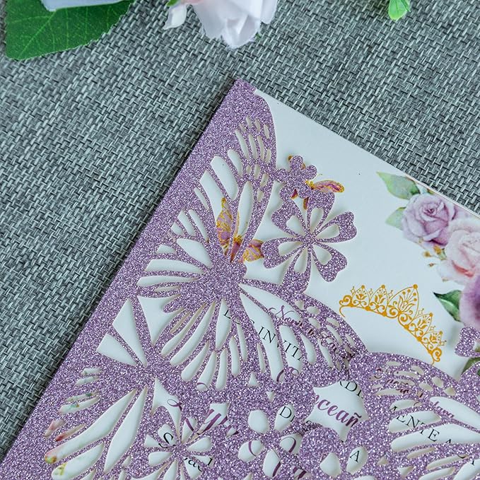 20 PCS 5.12x7.2 Butterfly Quinceanera Invitation, Laser Cut Wedding Invitation Cards with Envelopes for XV Anos Bridal Shower Baby Shower Invite (Purple Glitter)