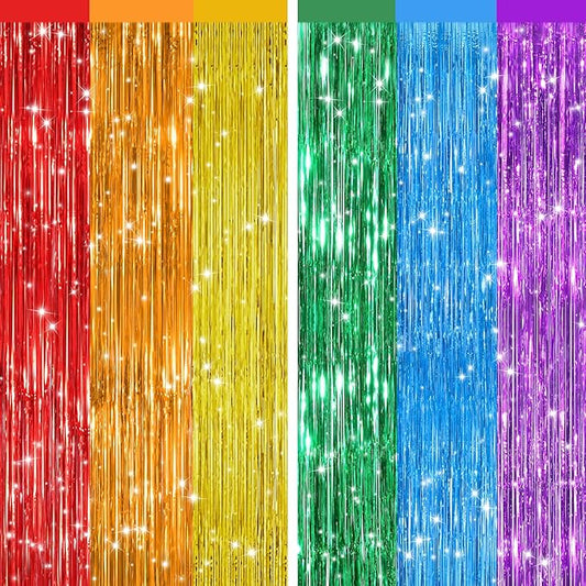 2Pack Rainbow Foil Fringe Curtains Backdrop Decorations, Rainbow Metallic Tinsel Foil Streamers Curtain Photo Booth Background for Birthday Wedding Engagement Bridal Shower Unicorn Party Decorations