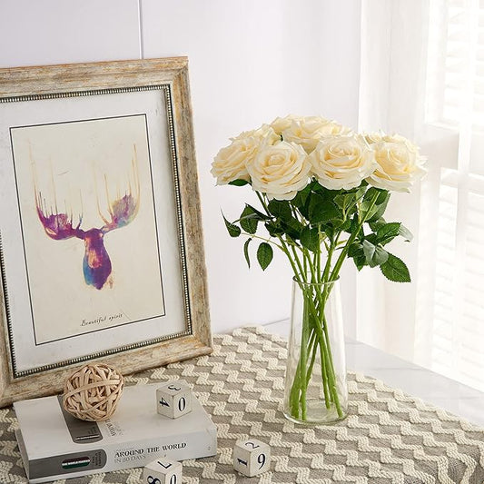 Artificial Rose 10pcs Open Flower Bouquet Faux Rose Stems for Wedding Arrangement, Bridal Bouquet, Centerpiece, Fake Faux Silk Flowers (Ivory)