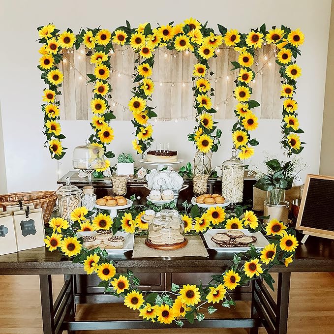 Uieke 3 Pack Artificial Sunflower Garland, 7.5ft/Strand Silk Sunflowers Hanging Vines Flowers with Green Leaves for Room Kitchen Garden Birthday Wedding Baby Shower Party Table Decor Large