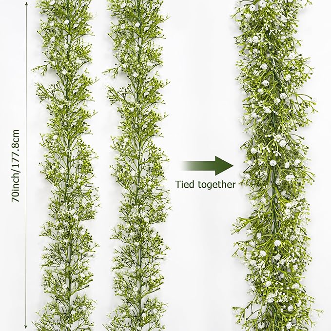 2 Pcs 5.8ft Artificial Baby Breath Flower Vines, Babys Breath Artificial Flowers Real Touch Faux Gypsophila Hanging Fake Baby's Breath Garlands for Wedding and Baby Shower Decor（White）
