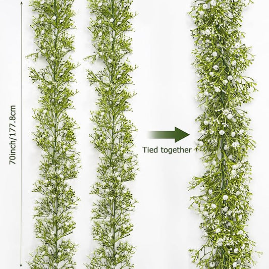 2 Pcs 5.8ft Artificial Baby Breath Flower Vines, Babys Breath Artificial Flowers Real Touch Faux Gypsophila Hanging Fake Baby's Breath Garlands for Wedding and Baby Shower Decor（White）