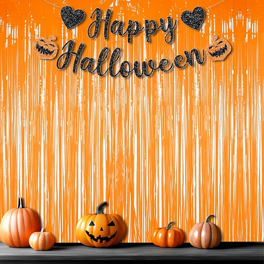 Foil Fringe Curtains Halloweens Decorations - Orange Tinsel Photo Backdrop Party Streamers for St Patricks Day, Easter, Birthdays, Fall, Pumpkin Theme, Thanksgiving, Basketball Party Decorations