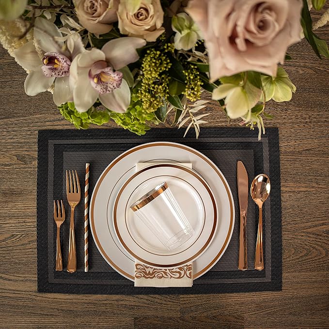 Neatiffy 225 Pcs Rose Gold Rim Plastic Dinnerware Set (25 Guests) | 25 x (Dinner Plate, Dessert Plate, Plastic Silverware, Cup, Napkin, Straw) | For Wedding, Luxurious Party, Special Event