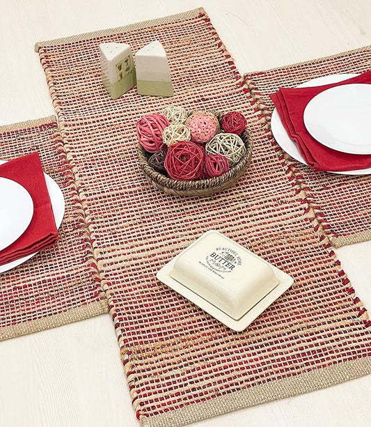 Chardin home Natural Jute Table Runner 13x36 Inch – Vintage Boho Rustic Table Decor – Handwoven Table Runner in Natural Jute and Red – Farmhouse Dining or Console Table Accent