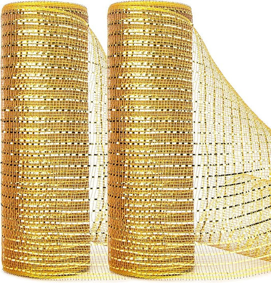 Ribbli 2 Rolls Gold Mesh Ribbon,10 inch x 30 feet(10Yard) Each Roll,Metallic Gold with Wide Gold Foil,Christmas Ribbon for Wreath Swags and Decorating