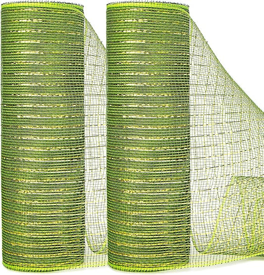Ribbli 2 Rolls Moss Green Mesh Ribbon,10 inch x 30 feet(10Yard) Each Roll,Metallic Moss Green with Gold Foil,Christmas Ribbon for Wreath Swags and Decorating