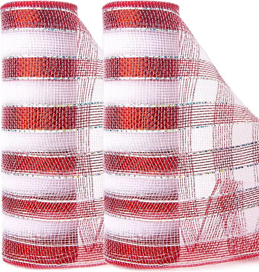 Ribbli 2 Rolls Red and White Stripe Metallic Mesh Ribbon,10 inch x 30 feet(10Yard),Metallic Red & White Stripe with Iridescent Silver Foil,Valentine's Day Ribbon for Wreath and Decorating