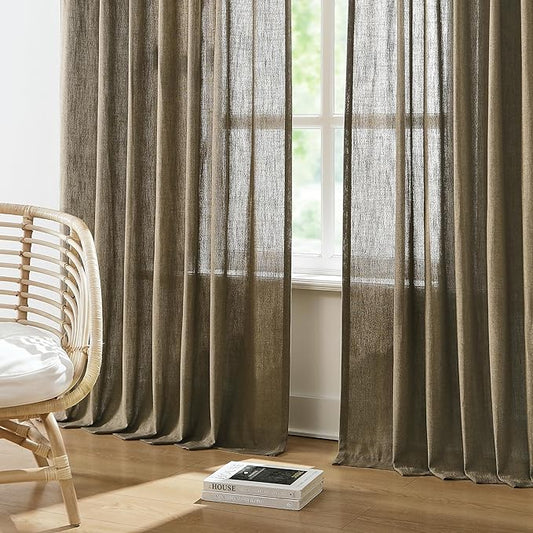 Vision Home Brown Pinch Pleated Semi Sheer Curtains Textured Linen Blended Light Filtering Window Curtains 108 inch for Living Room Bedroom Pinch Pleat Drapes with Hooks 2 Panels 9ft 40" Wx108 L