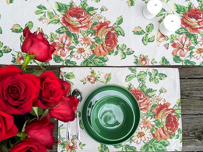 Tache Sweet Roses Spring Summer Traditional Country Vintage White Red Floral Decorative Woven Tapestry Kitchen Coffee Table Runners Scarfs, 13x72